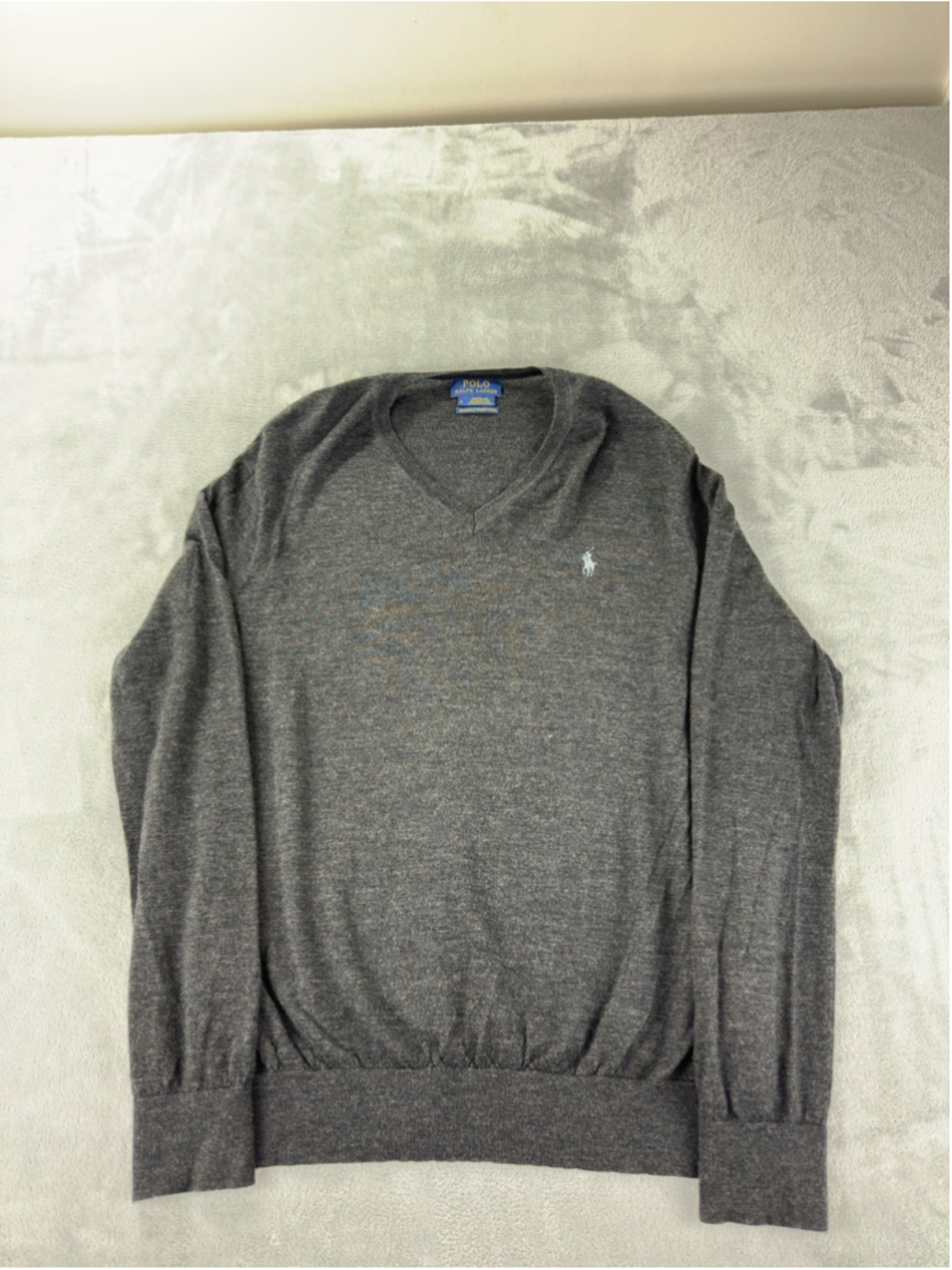 Polo Ralph Lauren Sweater Mens Large Gray V-Neck Merino Wool Pullover Knit